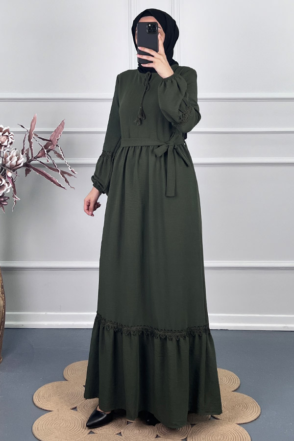 Güpür Detaylı Elbise - Haki