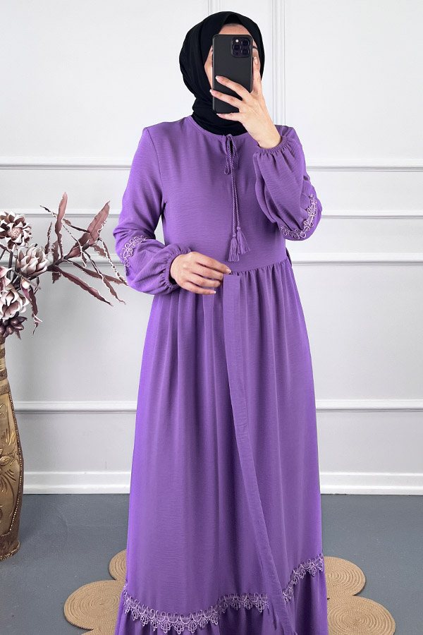 Güpür Detaylı Elbise - Lila
