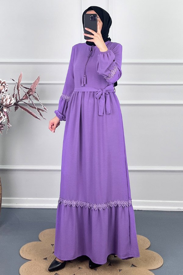 Güpür Detaylı Elbise - Lila