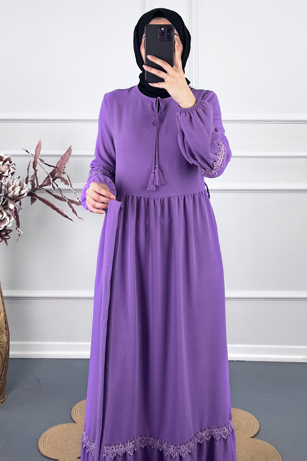Güpür Detaylı Elbise - Lila