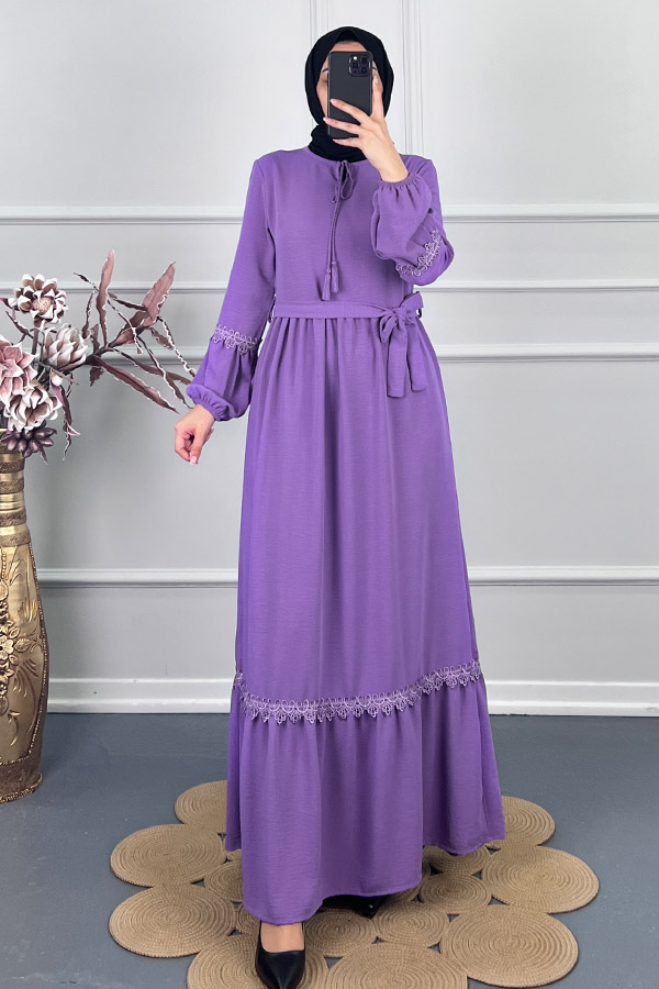Güpür Detaylı Elbise - Lila
