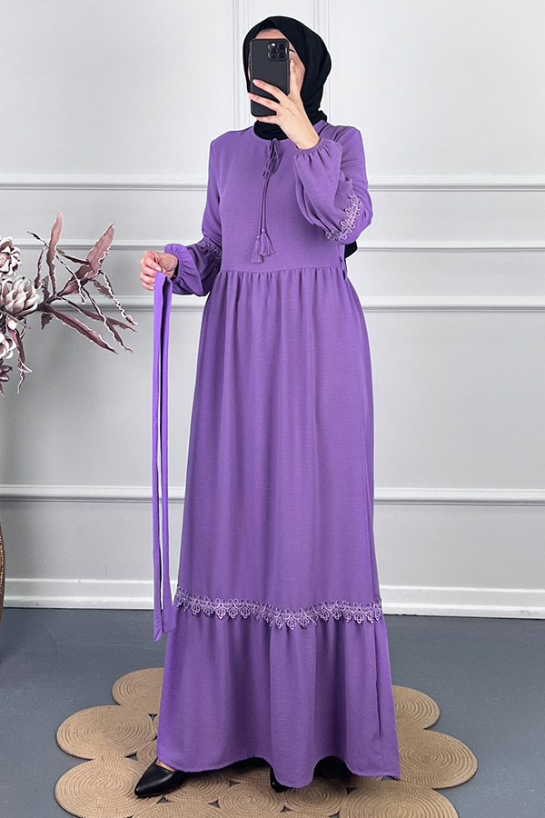 Güpür Detaylı Elbise - Lila