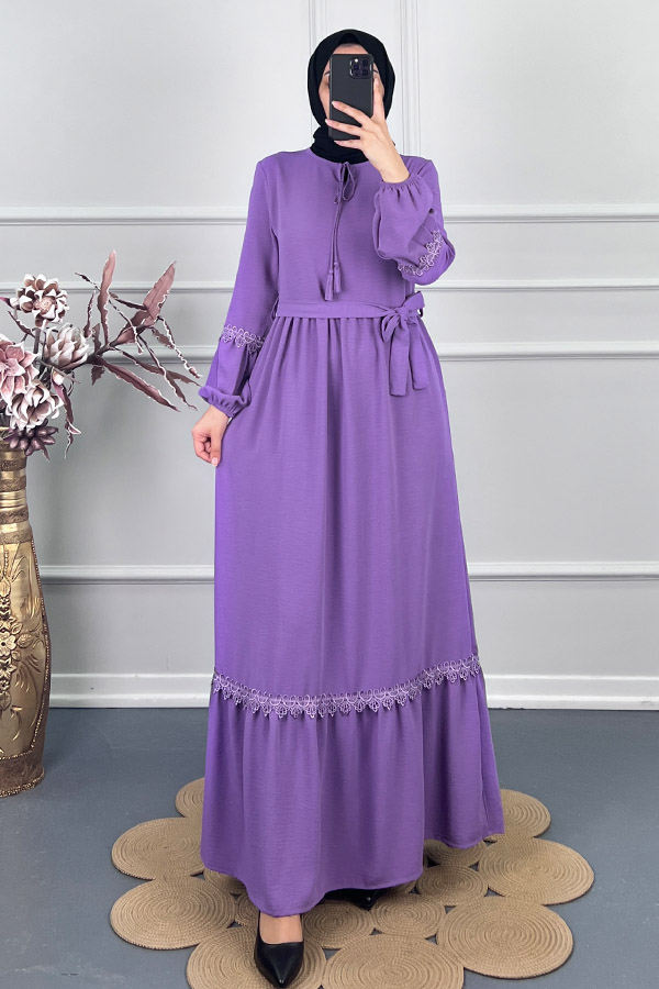 Güpür Detaylı Elbise - Lila