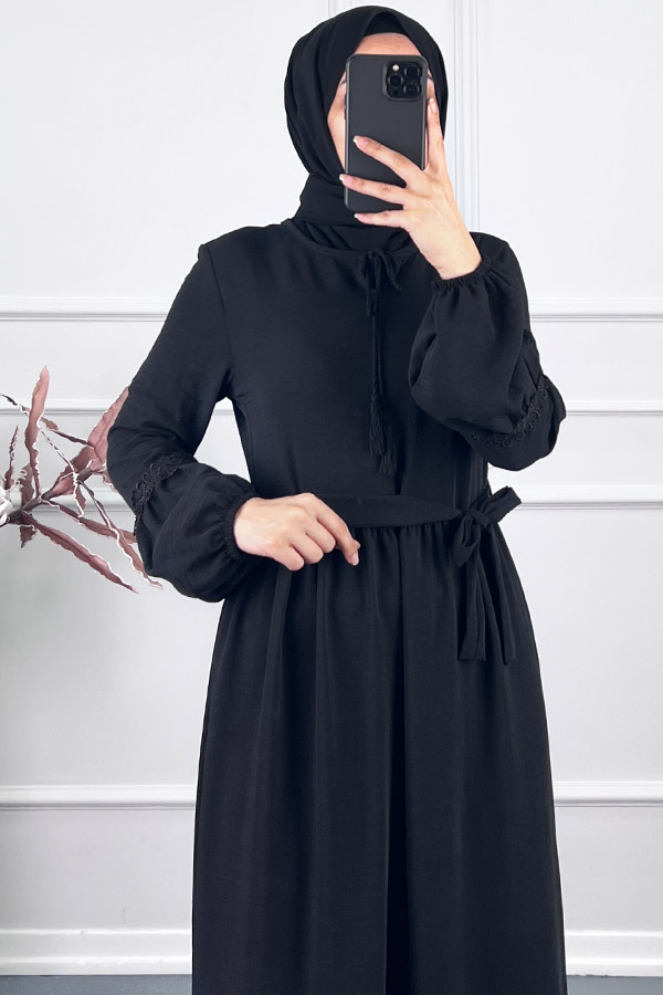 Güpür Detaylı Elbise - Siyah