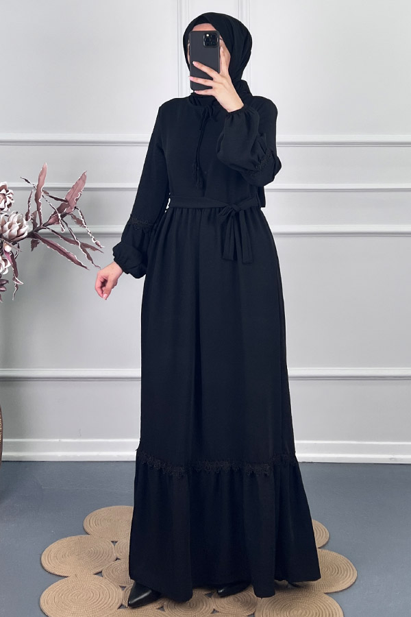 Güpür Detaylı Elbise - Siyah