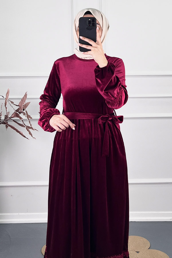 Güpür Detaylı Kadife Elbise - Bordo