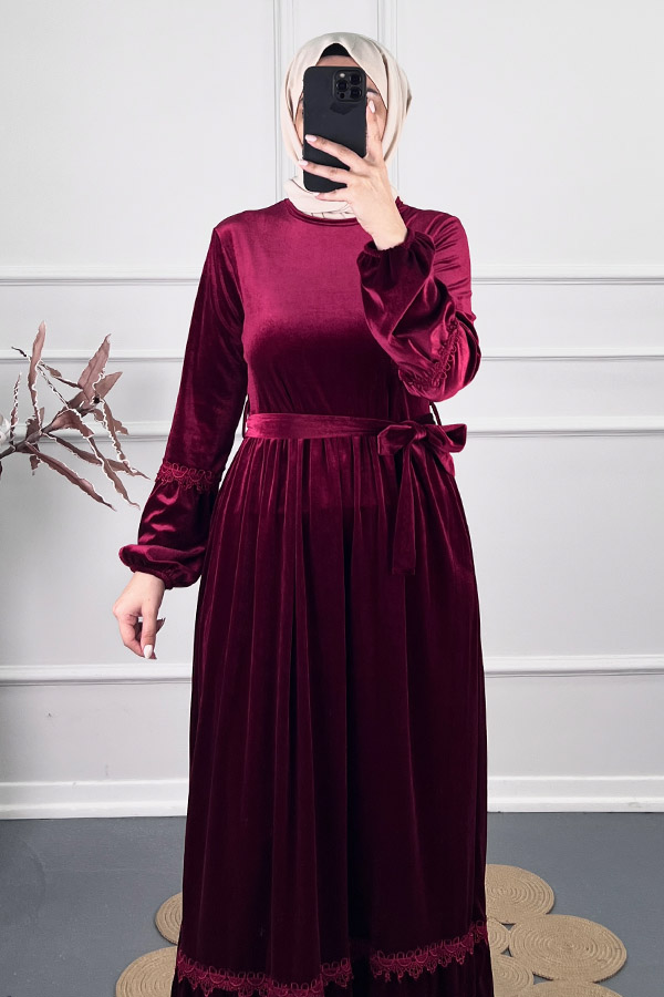 Güpür Detaylı Kadife Elbise - Bordo