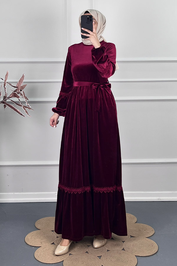 Güpür Detaylı Kadife Elbise - Bordo