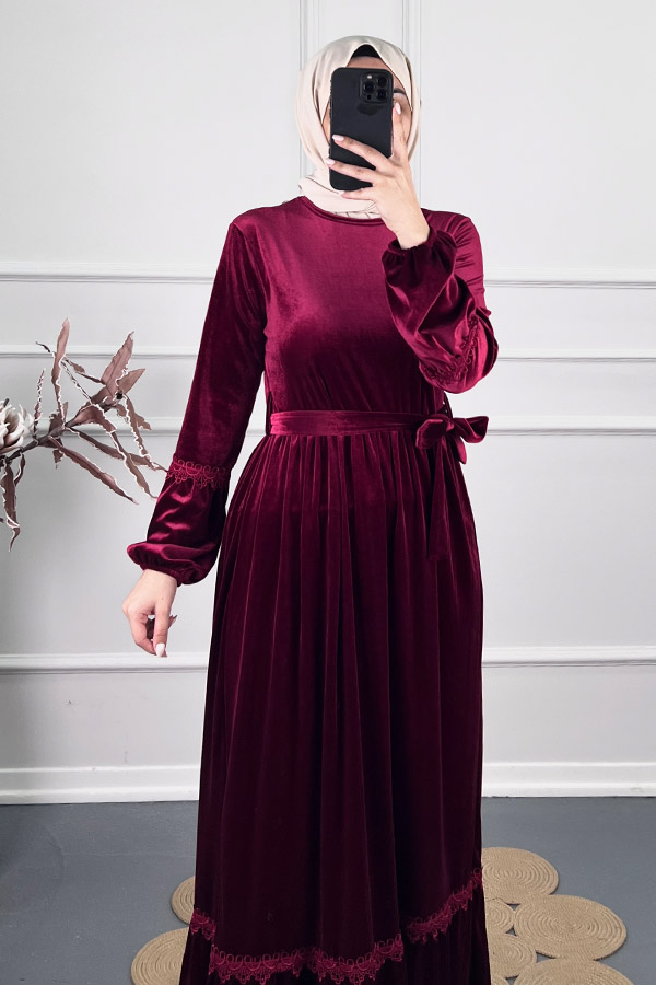 Güpür Detaylı Kadife Elbise - Bordo