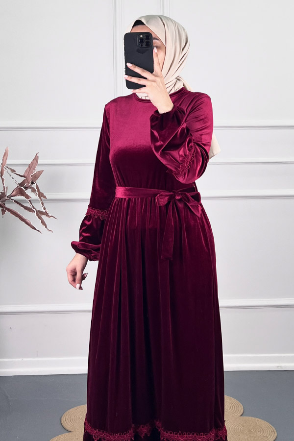 Güpür Detaylı Kadife Elbise - Bordo