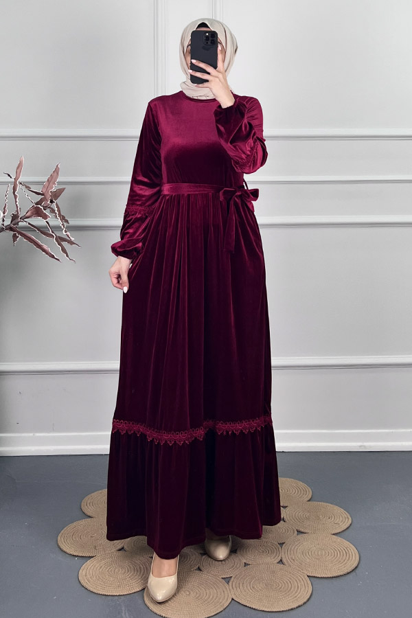Güpür Detaylı Kadife Elbise - Bordo