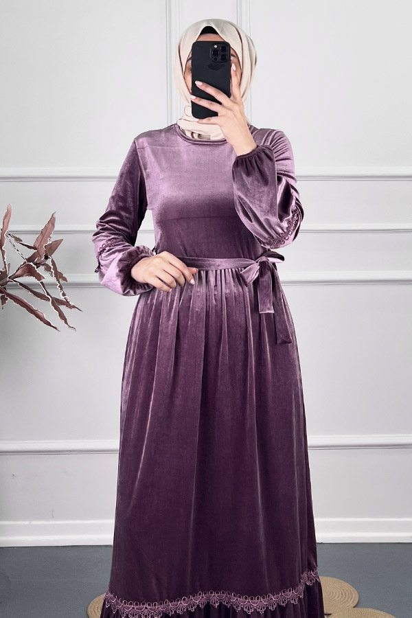 Güpür Detaylı Kadife Elbise - Mor