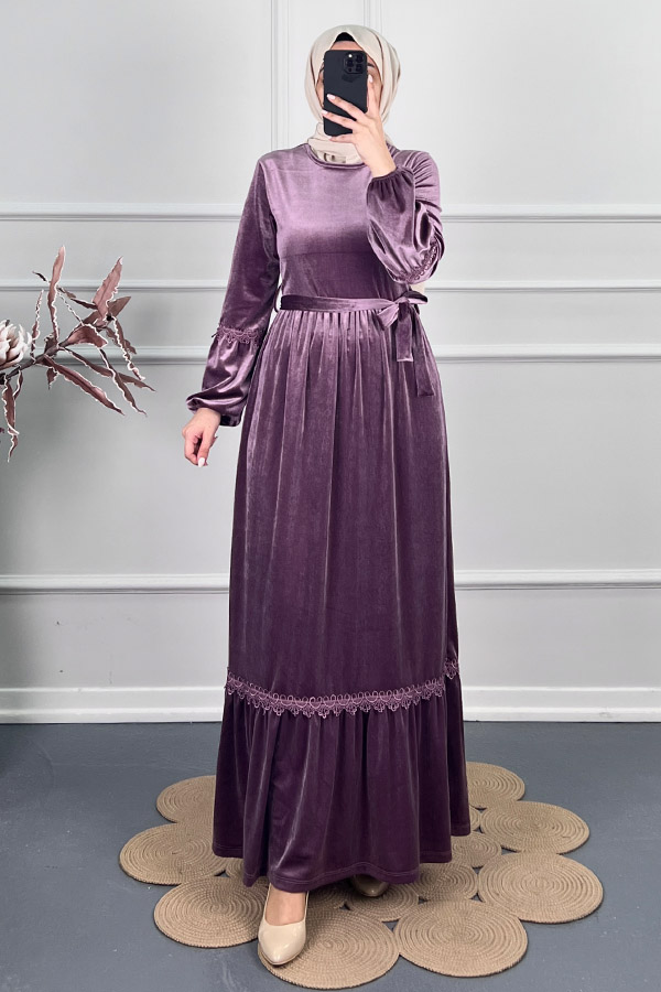 Güpür Detaylı Kadife Elbise - Mor