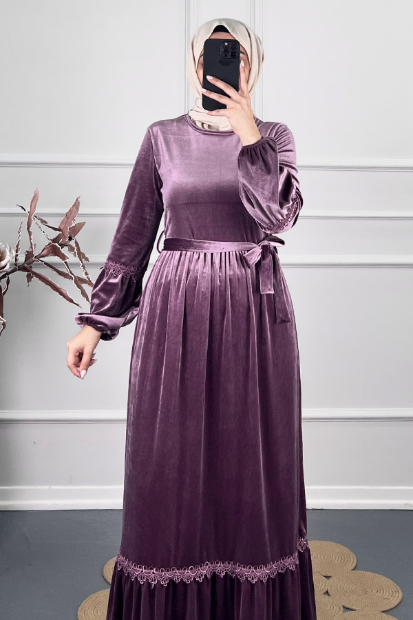 Güpür Detaylı Kadife Elbise - Mor