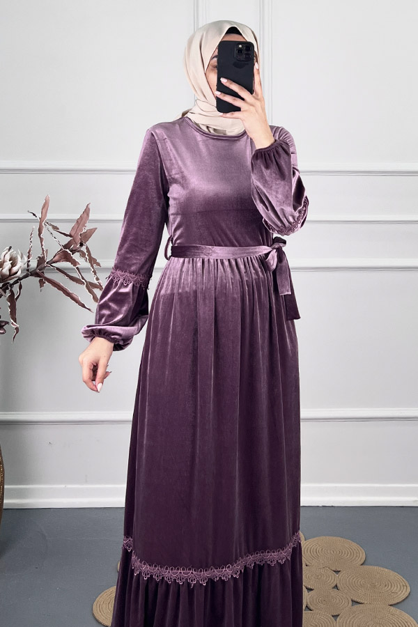 Güpür Detaylı Kadife Elbise - Mor