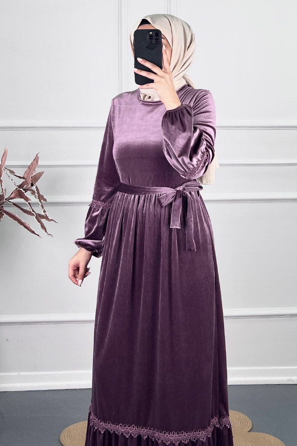 Güpür Detaylı Kadife Elbise - Mor