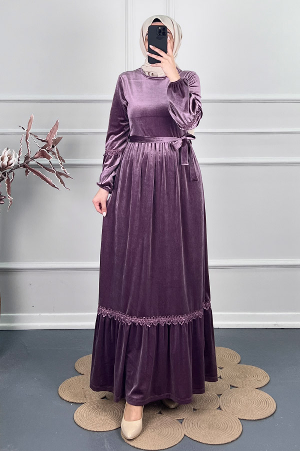 Güpür Detaylı Kadife Elbise - Mor