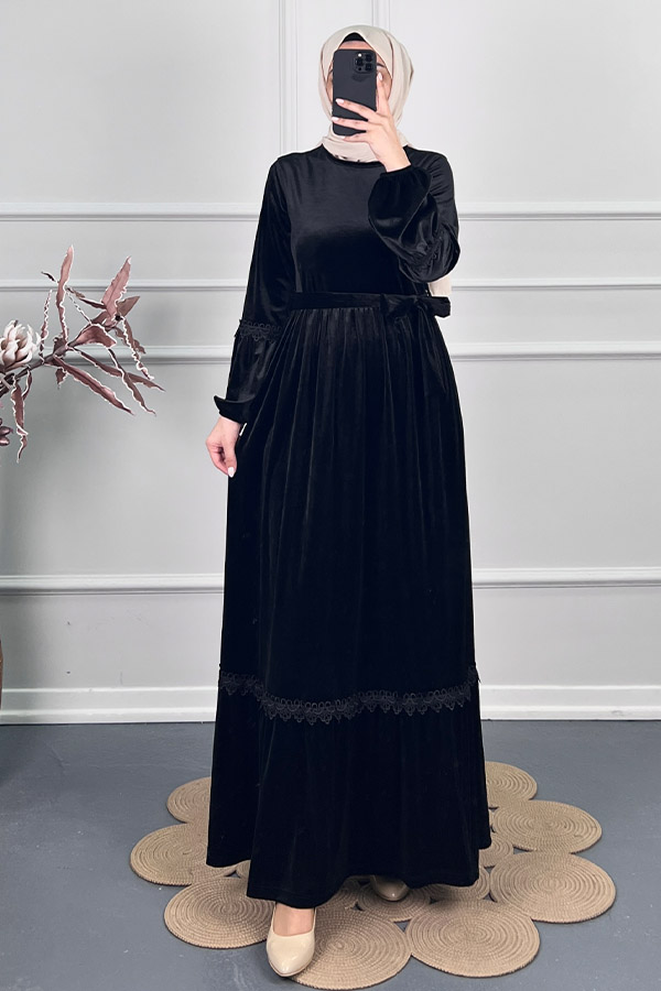 Güpür Detaylı Kadife Elbise - Siyah