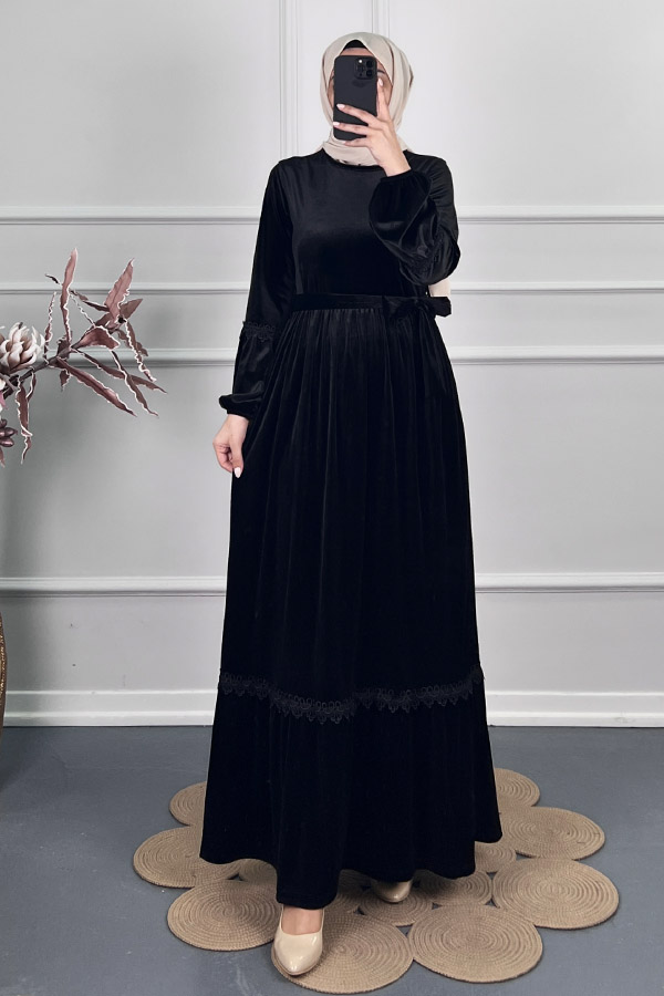 Güpür Detaylı Kadife Elbise - Siyah