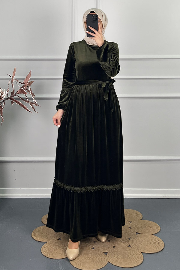 Güpür Detaylı Kadife Elbise - Yeşil