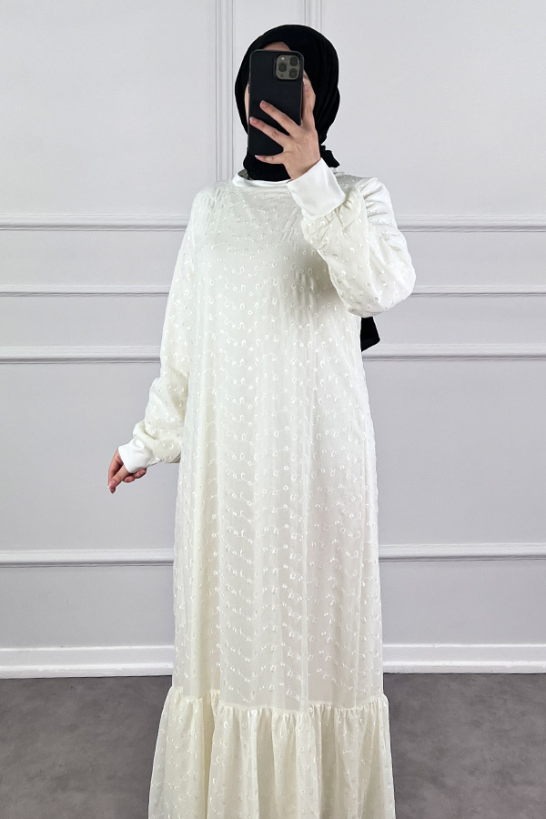 Güpürlü Şifon Elbise - Beyaz