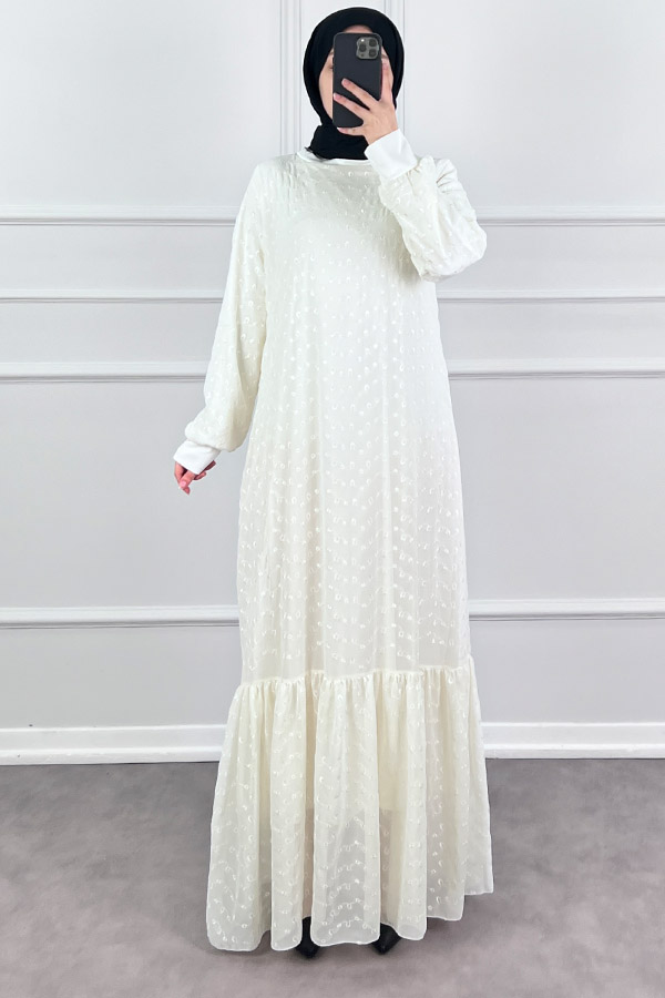 Güpürlü Şifon Elbise - Beyaz