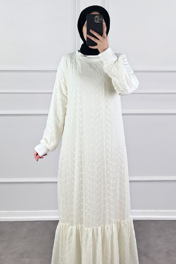 Güpürlü Şifon Elbise - Beyaz