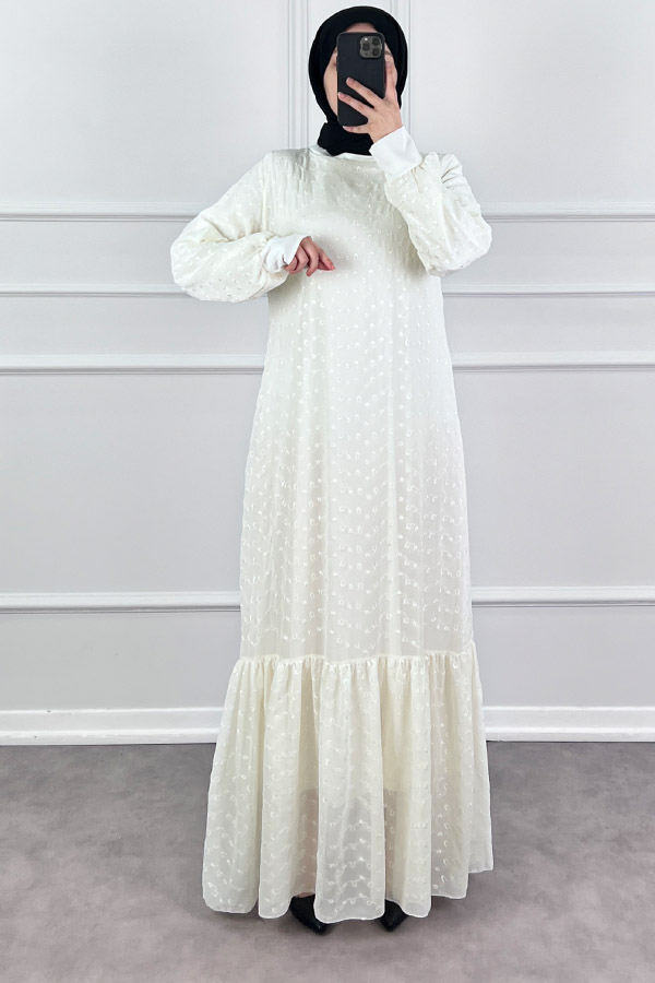 Güpürlü Şifon Elbise - Beyaz
