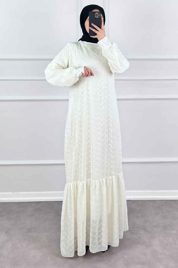 Güpürlü Şifon Elbise - Beyaz