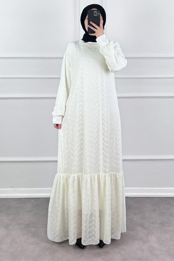 Güpürlü Şifon Elbise - Beyaz