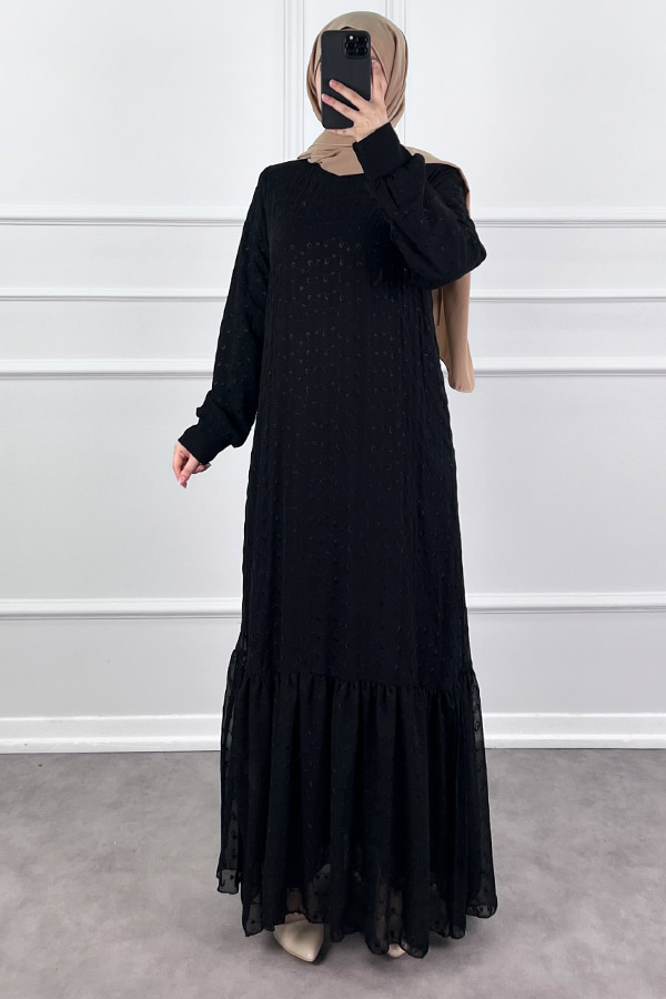 Güpürlü Şifon Elbise - Siyah