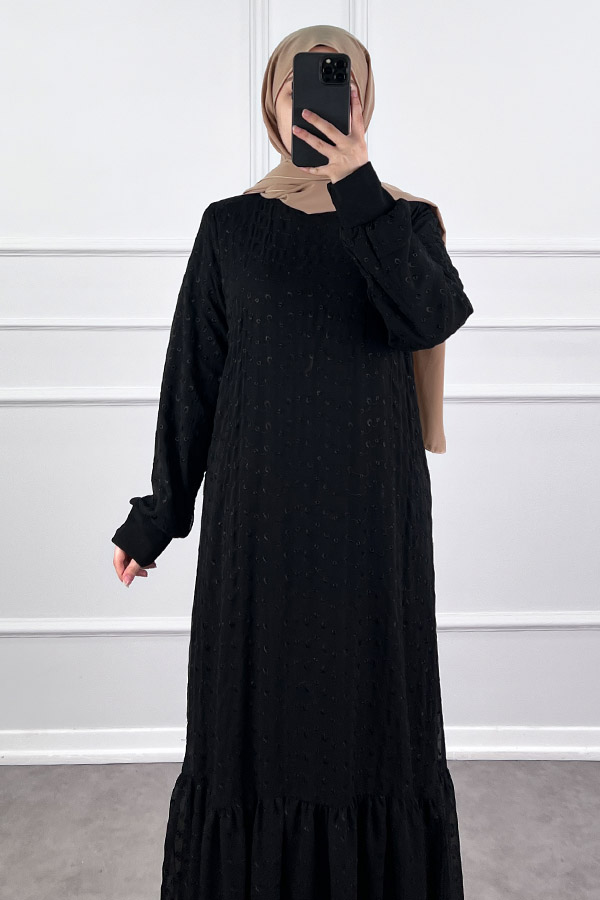 Güpürlü Şifon Elbise - Siyah