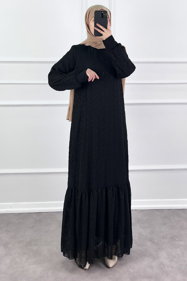 Güpürlü Şifon Elbise - Siyah
