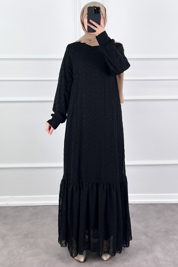 Güpürlü Şifon Elbise - Siyah
