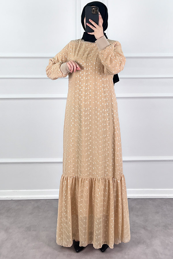 Güpürlü Şifon Elbise - Vizon