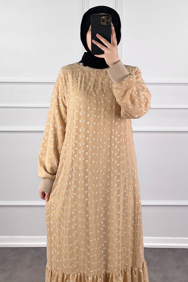 Güpürlü Şifon Elbise - Vizon