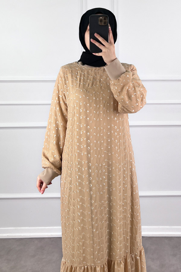 Güpürlü Şifon Elbise - Vizon