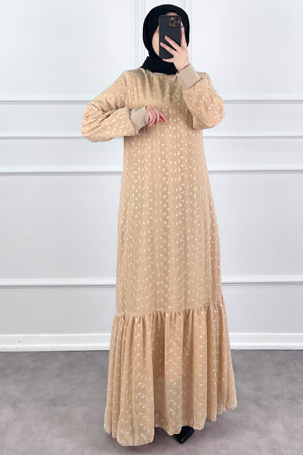 Güpürlü Şifon Elbise - Vizon