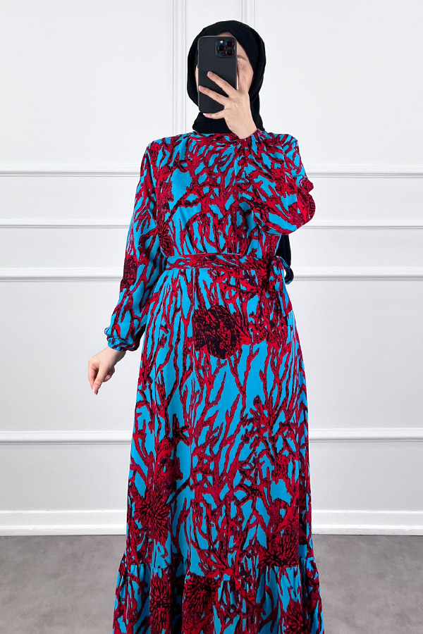 Hat Desenli Elbise - Bordo