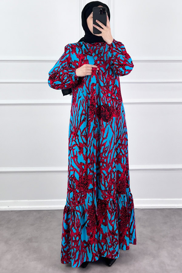 Hat Desenli Elbise - Bordo