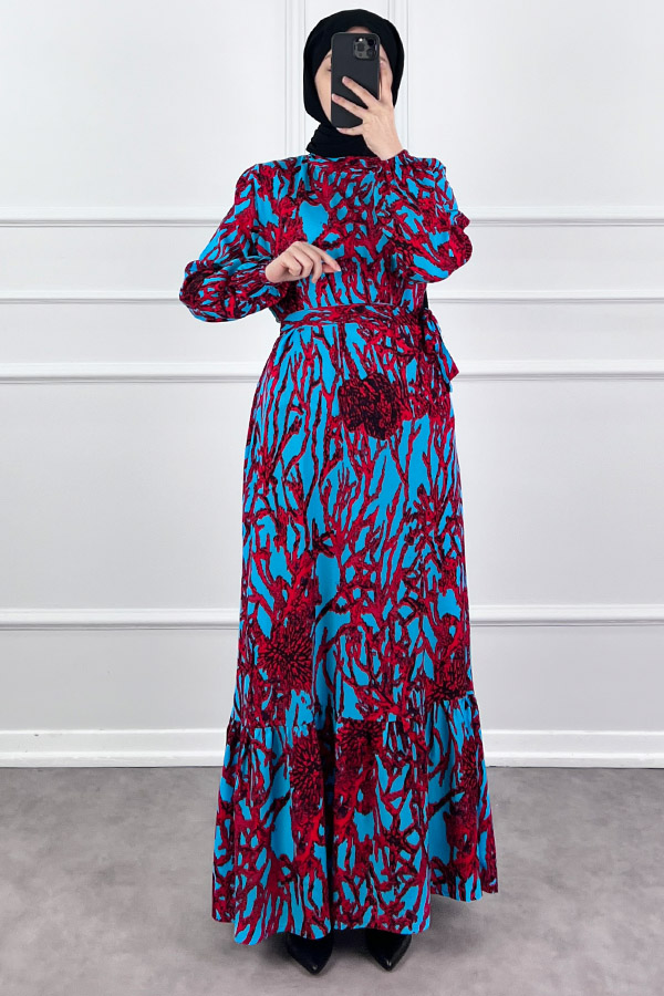 Hat Desenli Elbise - Bordo