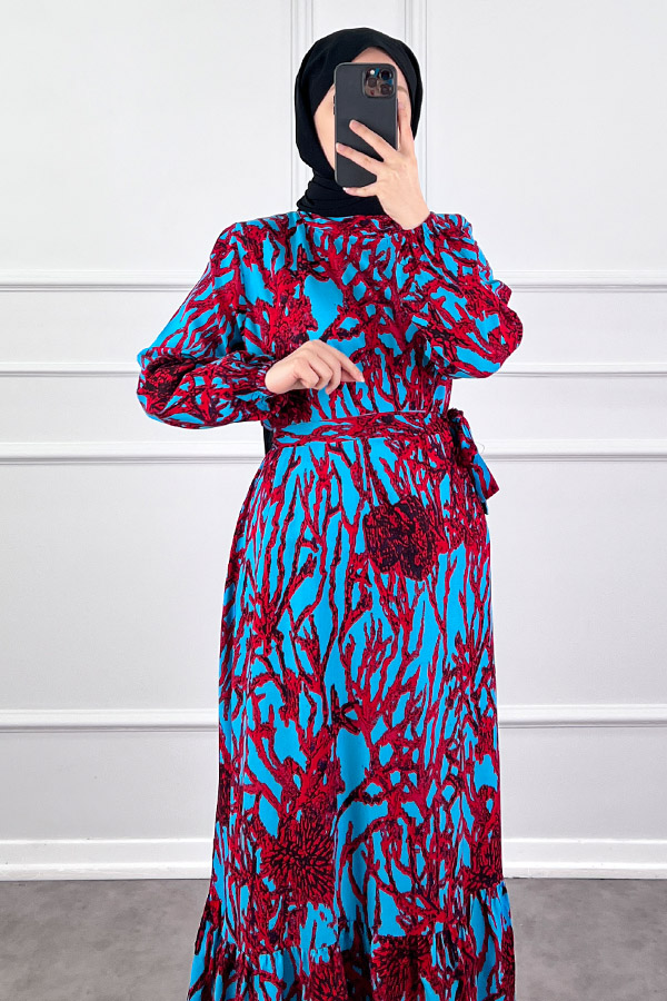 Hat Desenli Elbise - Bordo