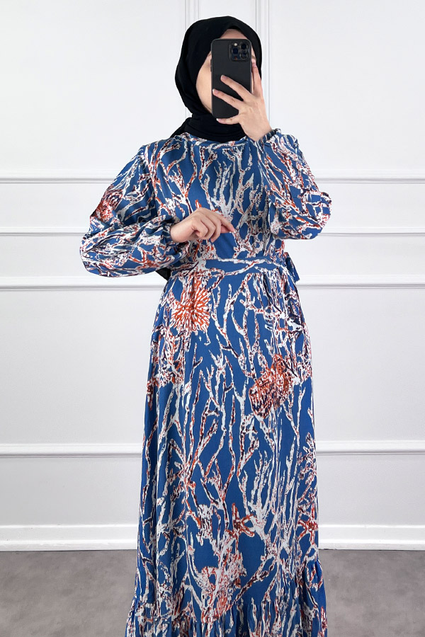 Hat Desenli Elbise - İndigo Hat Desenli Elbise - İndigo