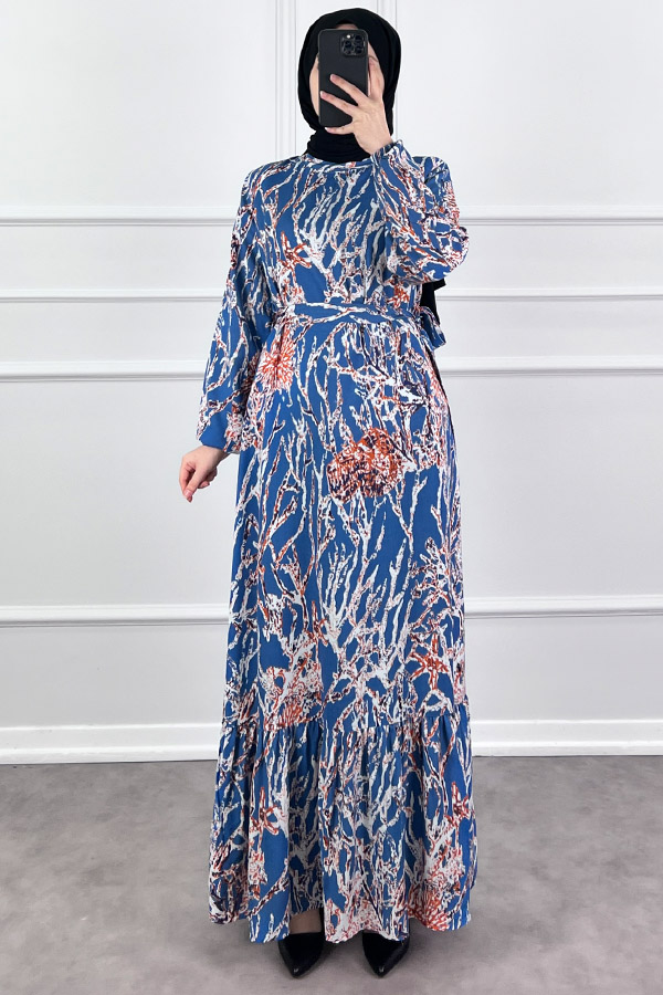 Hat Desenli Elbise - İndigo Hat Desenli Elbise - İndigo