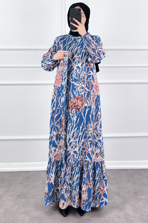 Hat Desenli Elbise - İndigo Hat Desenli Elbise - İndigo