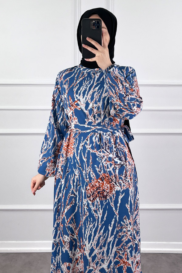 Hat Desenli Elbise - İndigo Hat Desenli Elbise - İndigo