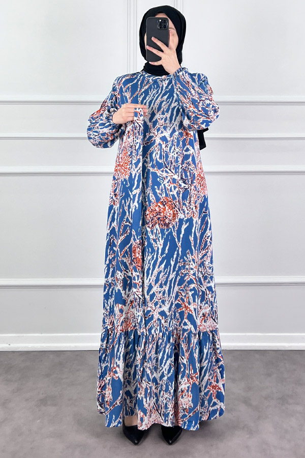 Hat Desenli Elbise - İndigo Hat Desenli Elbise - İndigo
