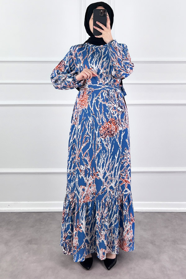 Hat Desenli Elbise - İndigo Hat Desenli Elbise - İndigo