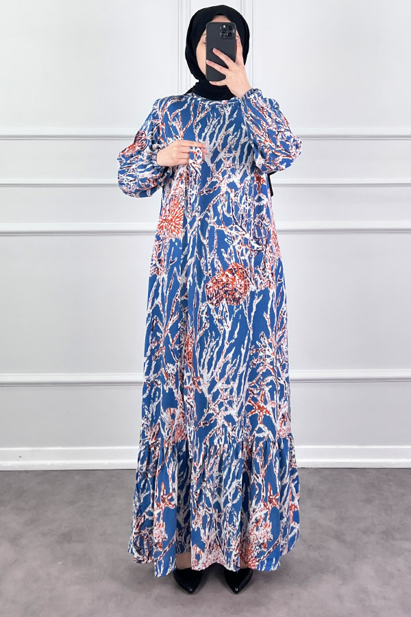 Hat Desenli Elbise - İndigo Hat Desenli Elbise - İndigo