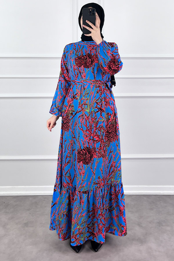 Hat Desenli Elbise - Mavi